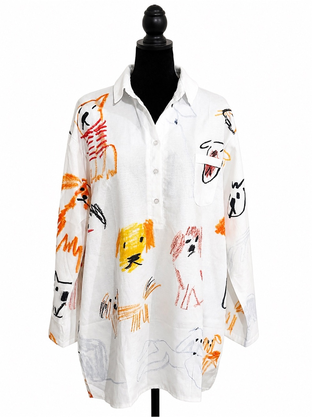 White Button-Down Shirt with Colorful Dog Sketches